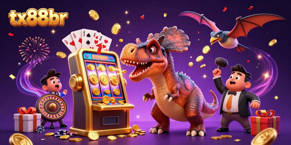 Experience the excitement of tx88br as dinosaurs celebrate jackpot wins with colorful casino elements.