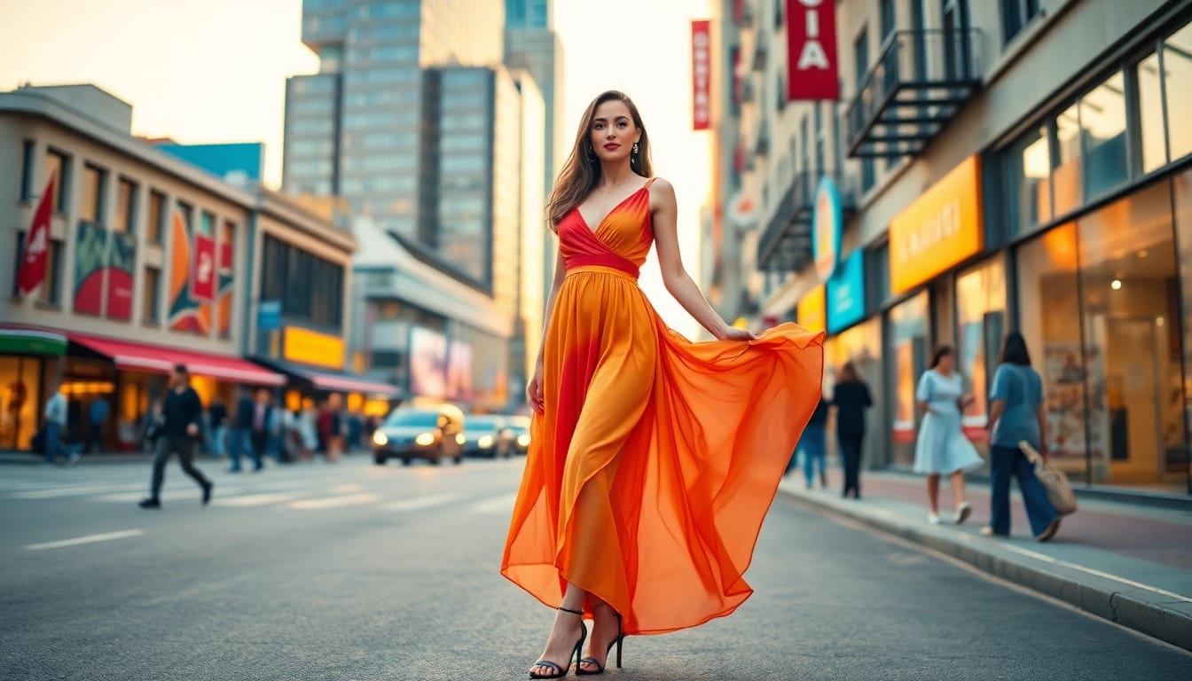 Women’s Clothing Manufacturer showcasing stylish dresses on a confident model in an urban setting.