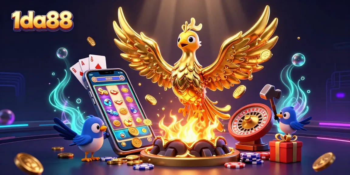 Experience thrilling gameplay with 1da88 featuring a golden phoenix, vibrant slot games, and festive casino elements.