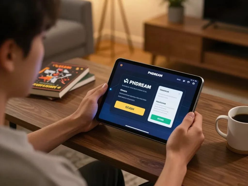 PHDREAM GCash gaming: user engaged in online casino gaming on a tablet in a cozy home setting