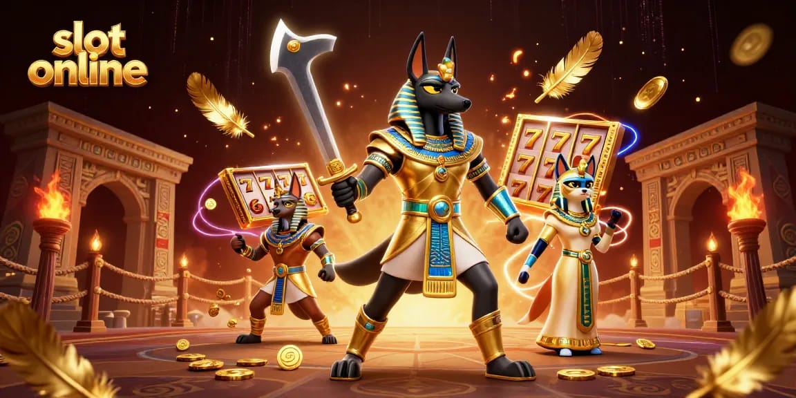 Spin to win big with slot online action featuring an Egyptian theme in a vibrant casino setup.
