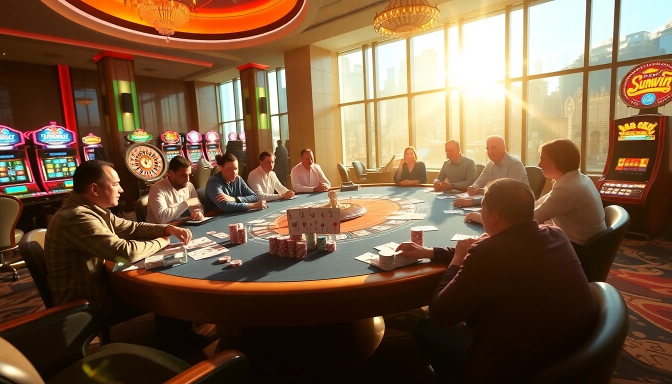 Experience the excitement of sunwin at a bustling casino with poker tables and vibrant games.