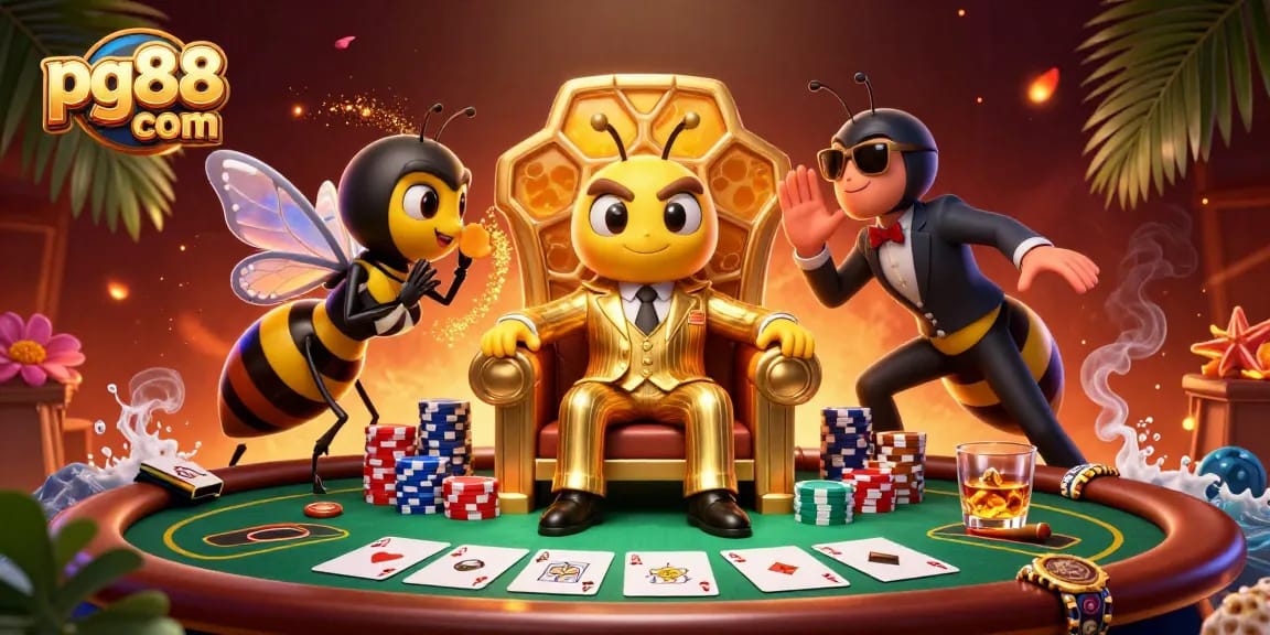 Experience pg88 com with a vibrant scene of gambling excitement featuring poker and characters.