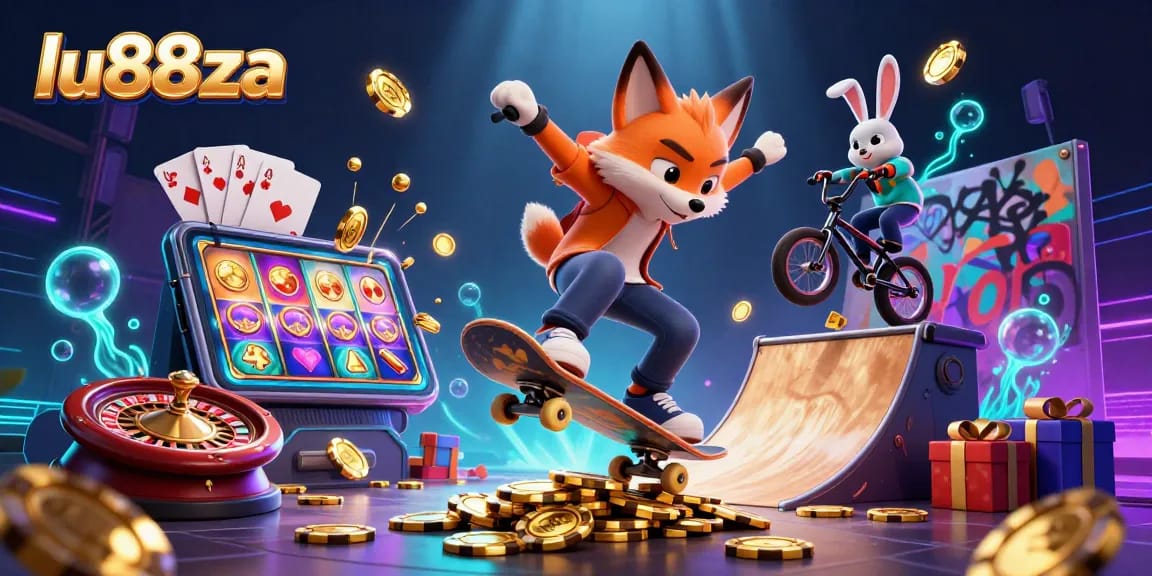 Experience the excitement of lu88za with a vibrant casino-themed 3D illustration showcasing dynamic characters and classic game elements.