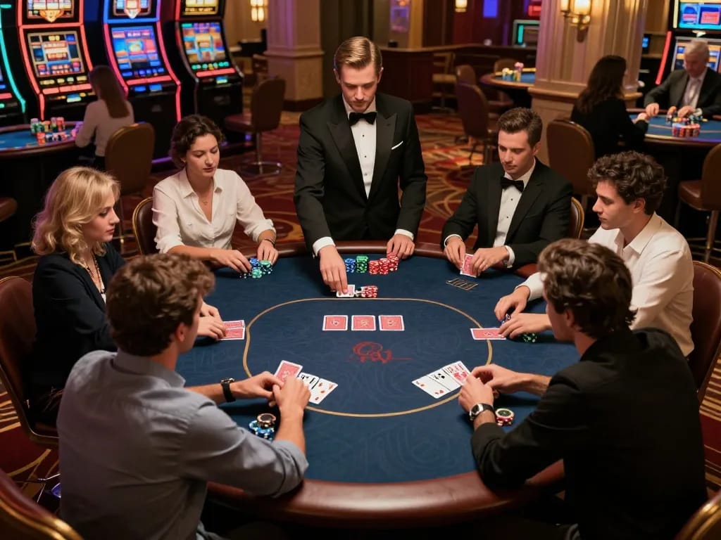 Players participating in a lively poker game at a luxury casino, showcasing their strategy and focus on winning with Jun888.
