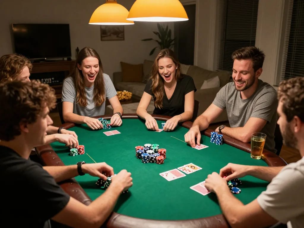 C168 players enjoying a lively poker game at home, with colorful chips and animated expressions.