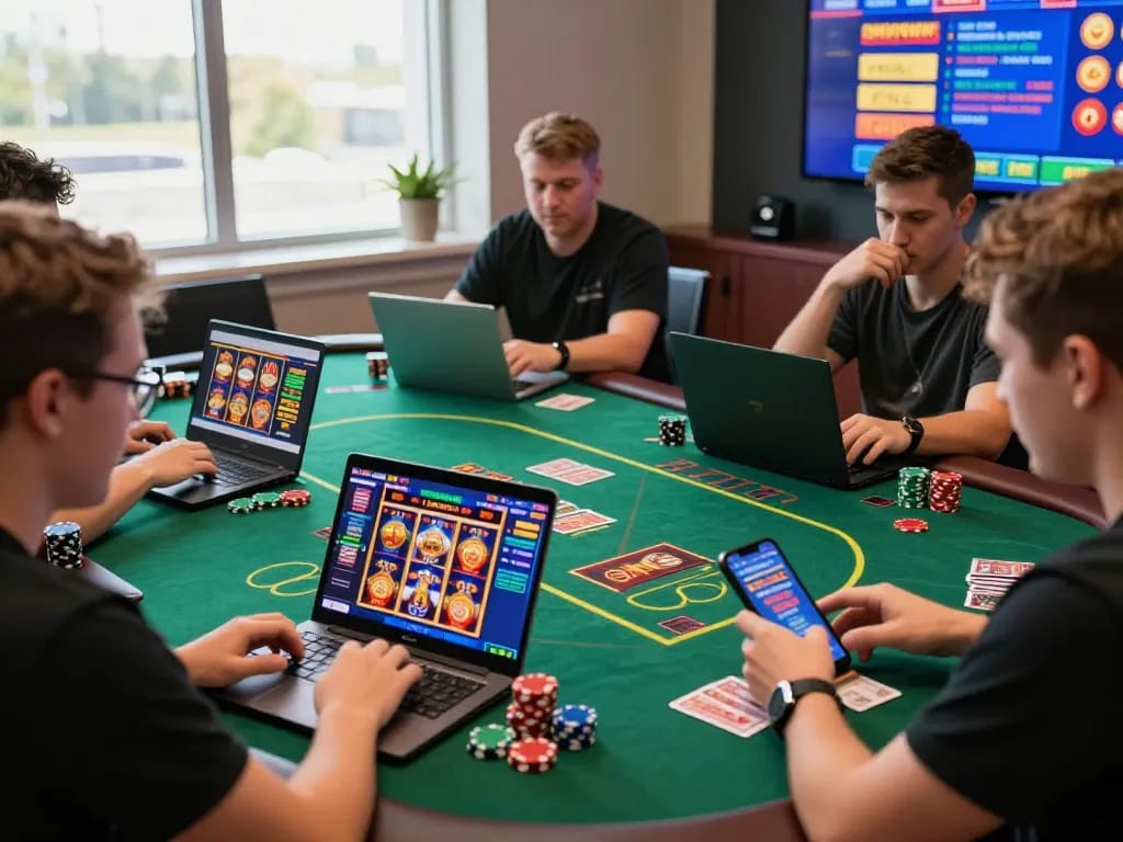 Players engaging with NK 88 online casino games on laptops and mobile devices, showcasing a vibrant gambling atmosphere.