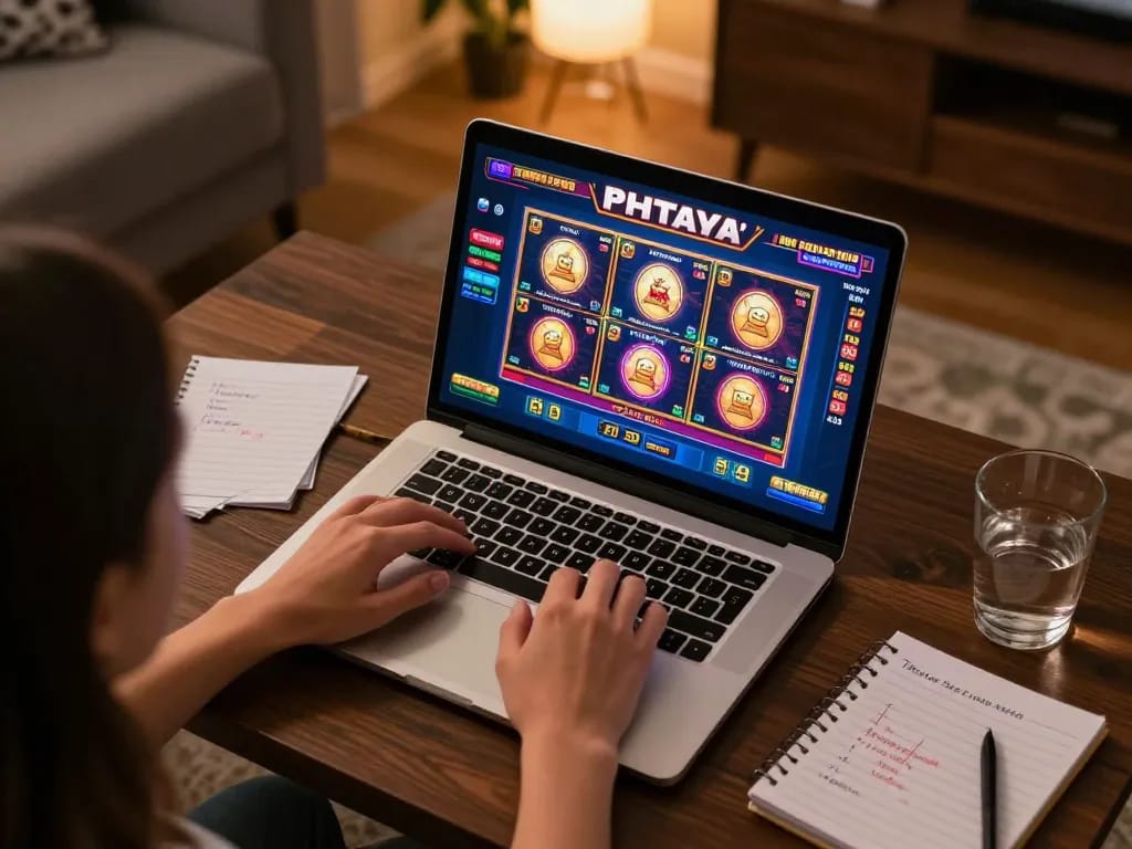 PHTAYA player engaging in live casino betting from home, showcasing vibrant slots and strategic notes.