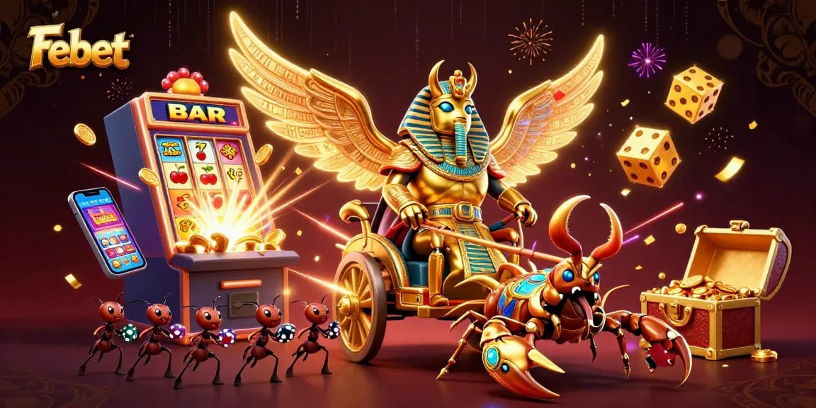 Experience the thrilling excitement of Febet with a vibrant 3D illustration showcasing casino elements and characters.