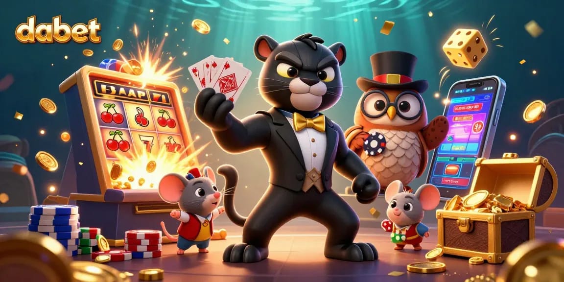 Engage with dabet's thrilling casino scene featuring a panther dealer, owl, and lucky mouse.
