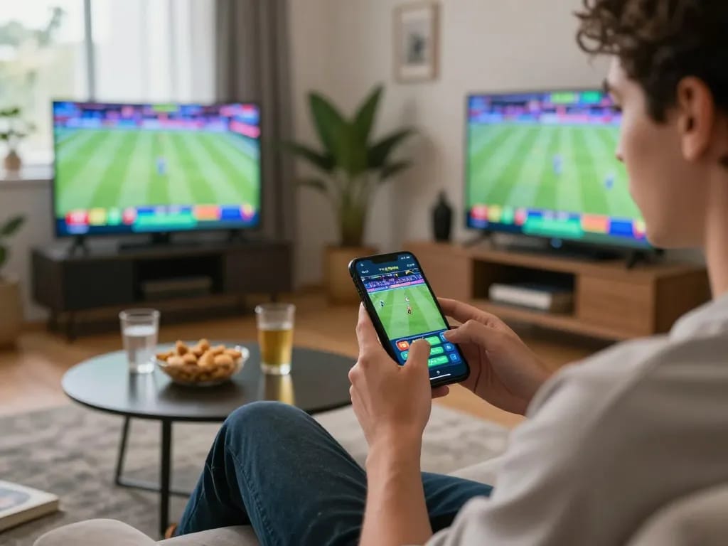 Engaged player using 33nn app for online sports betting on a smartphone in a cozy living room