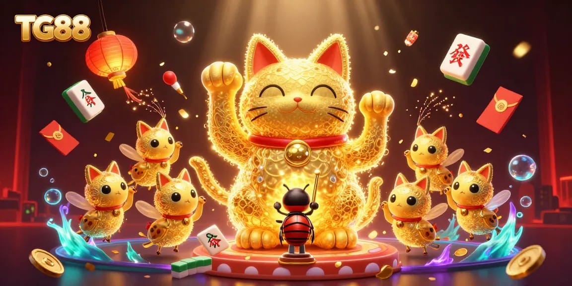Experience exciting wins with TG88's vibrant lucky cat and casino-themed illustration.
