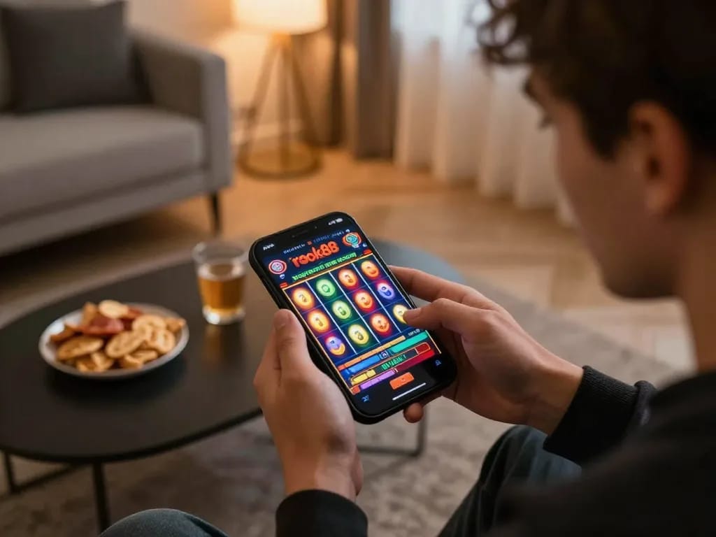 Engaging in the rokok88 online slot game with vibrant reels spinning in an inviting home setting.