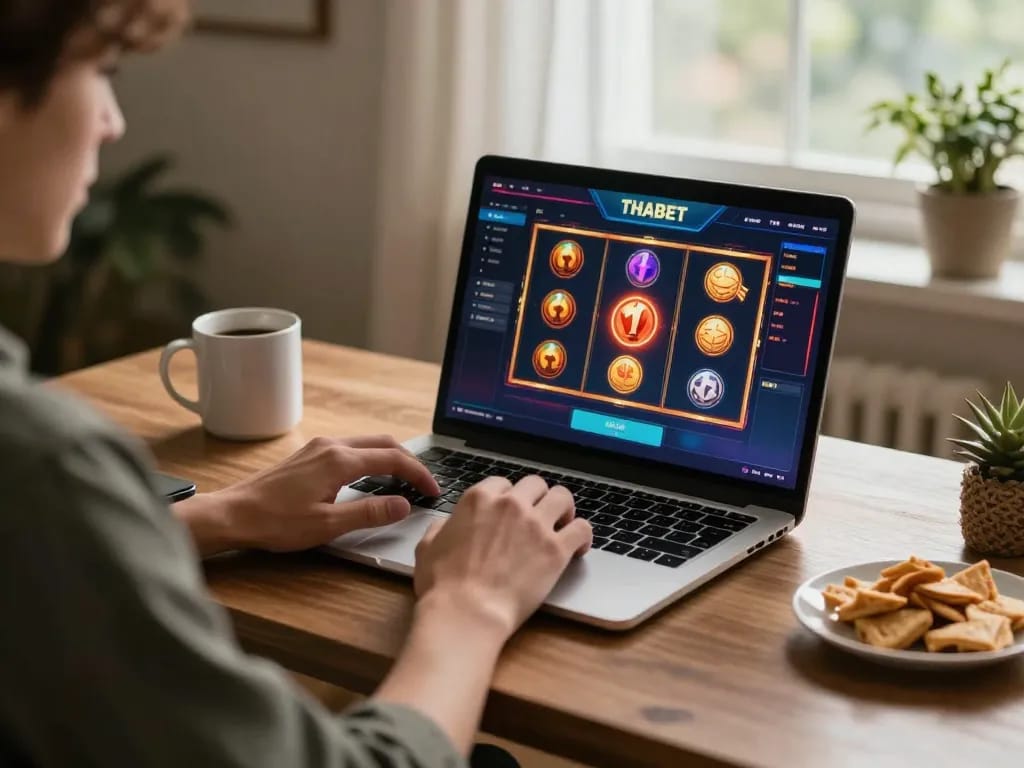 Player engaging in online THABET gaming session on a laptop at home, showcasing a vibrant interface.