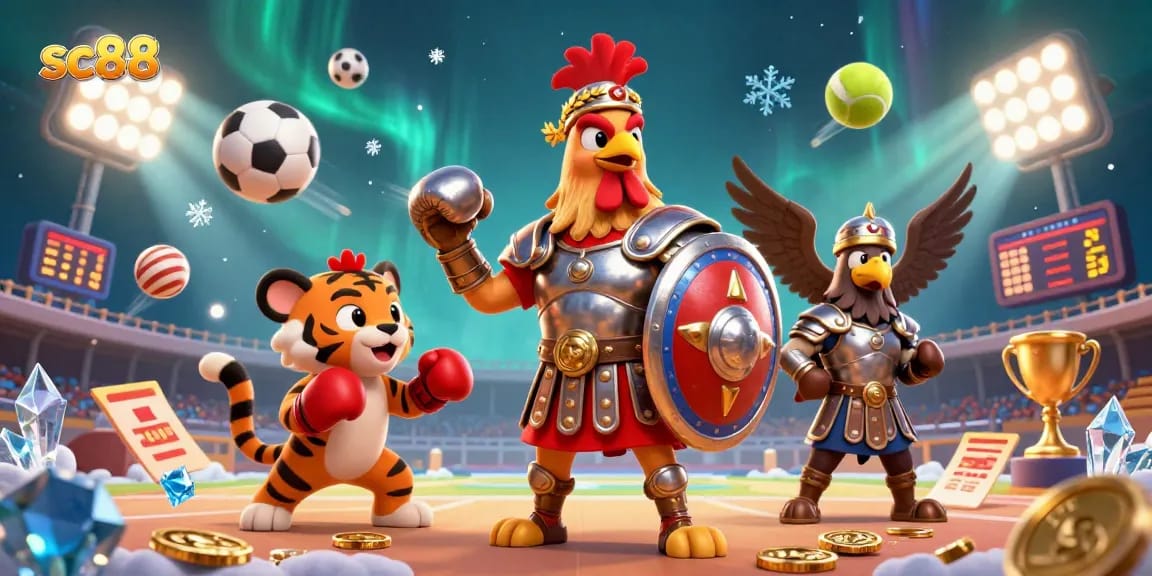 Experience thrilling betting action with SC88 as dynamic sports elements surround a gladiator rooster.