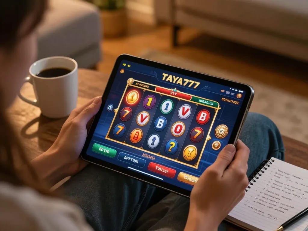Engaging gaming scene with TAYA777 GCash transactions visible on a tablet, showcasing online slot features and cozy home atmosphere.