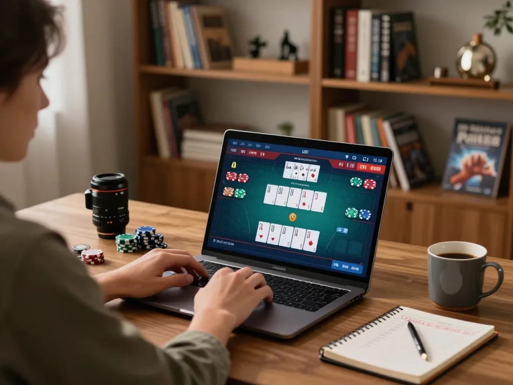 Jogue pôquer online no aavip com um laptop, mostrando um aconchegante ambiente de jogos em casa.