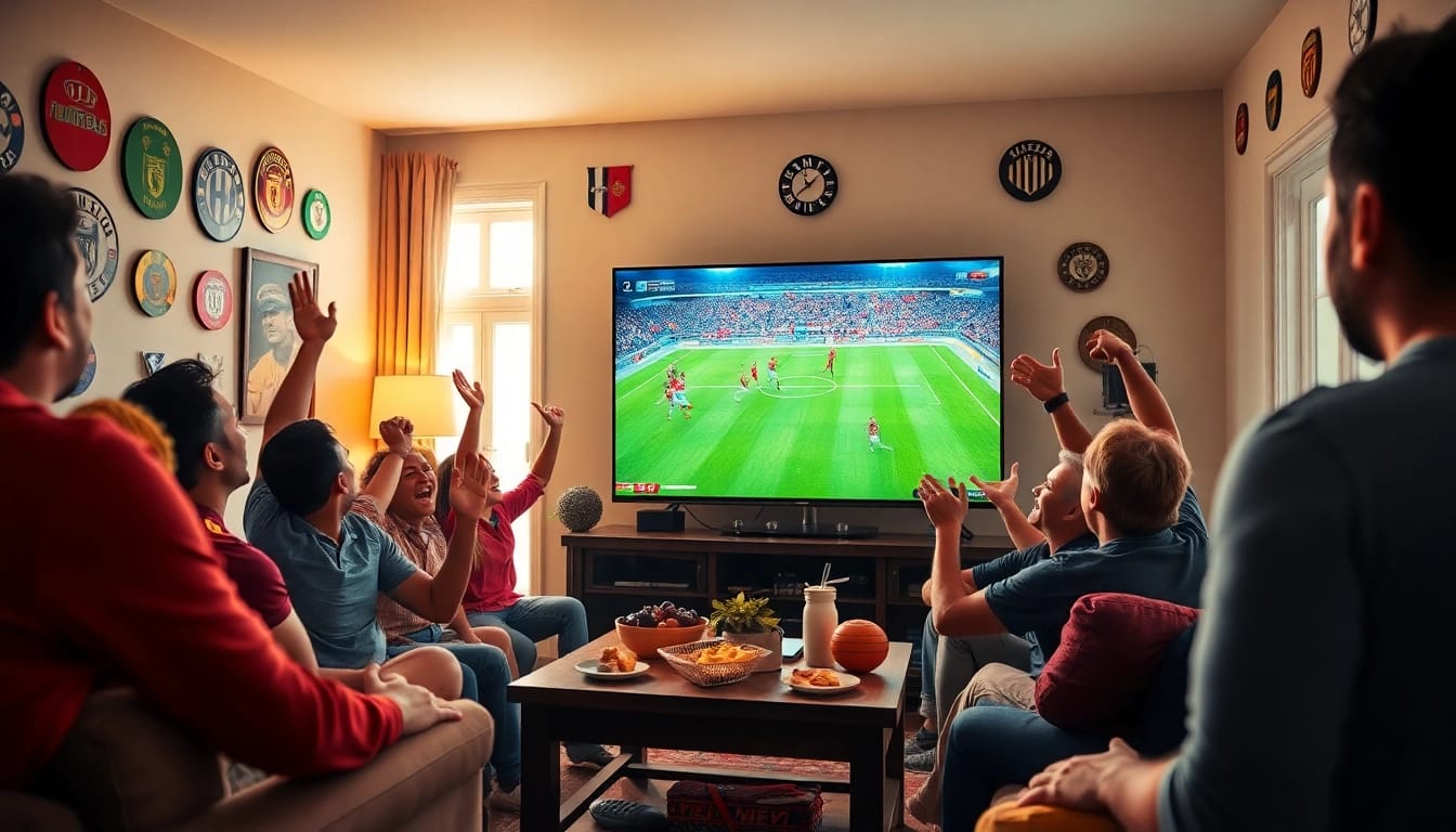 Excited fans watching football live on Luongsontv with HD quality and snacks.