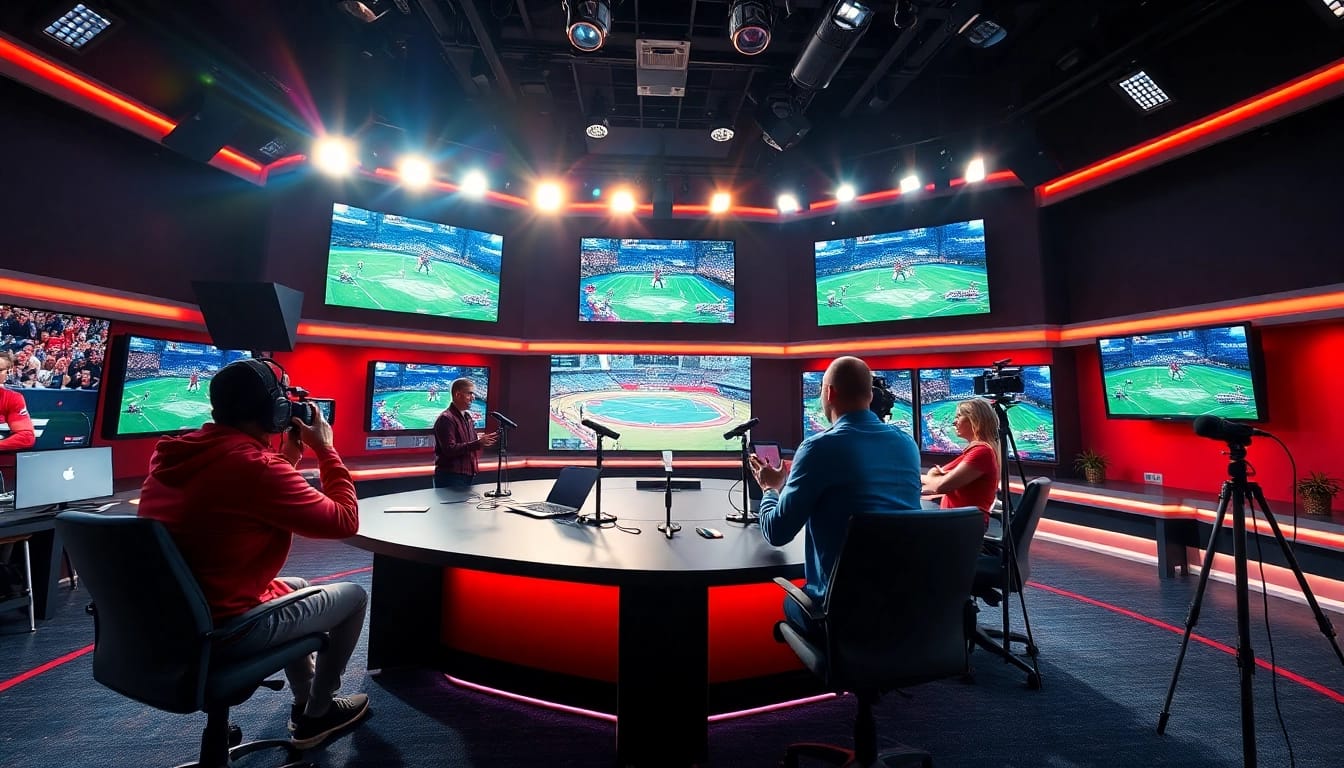 Engaging sports broadcasting scene showcasing talent and vibrant monitors full of Sports Broadcasting events.
