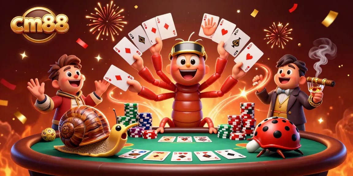 Experience exciting gameplay with cm88, featuring a cartoon dealer and vibrant poker scene.