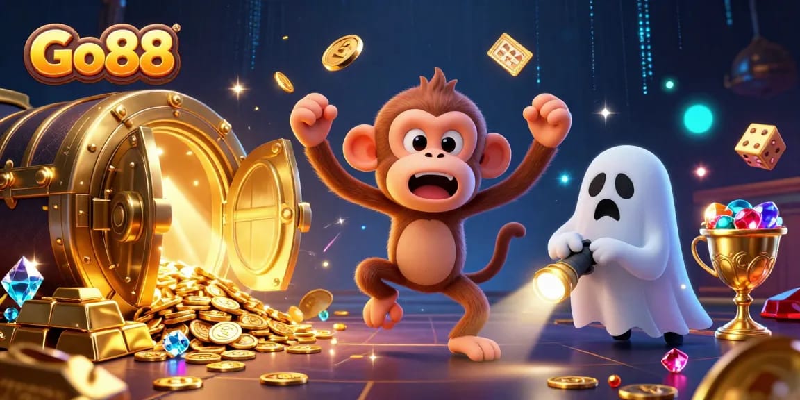 Experience thrilling gaming at Go88 with a playful ghost monkey juggling treasures in a haunted casino
