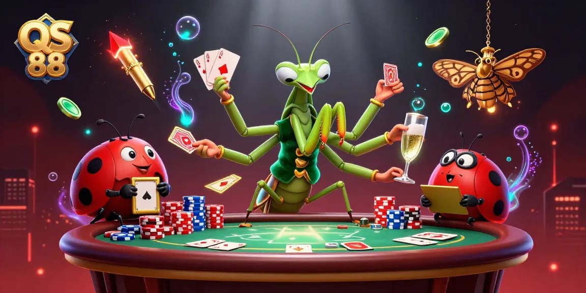 Engage with the immersive gaming world of QS 88, featuring dynamic characters and vibrant casino elements in a lively scene.
