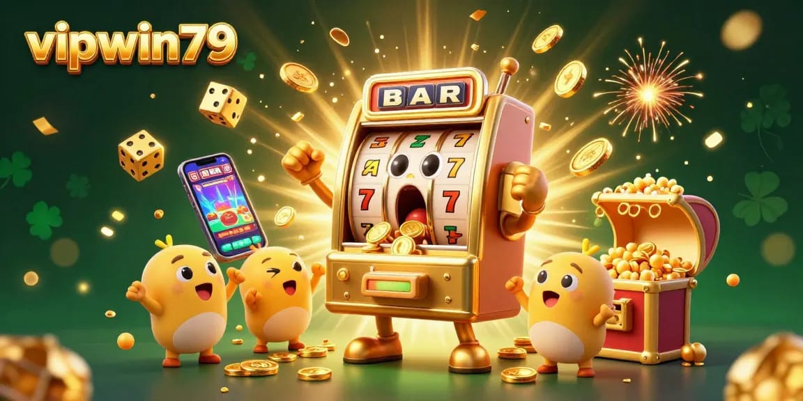 Enjoy the thrilling experience of vipwin79 as a golden slot machine celebrates a jackpot with cheering mini slots.