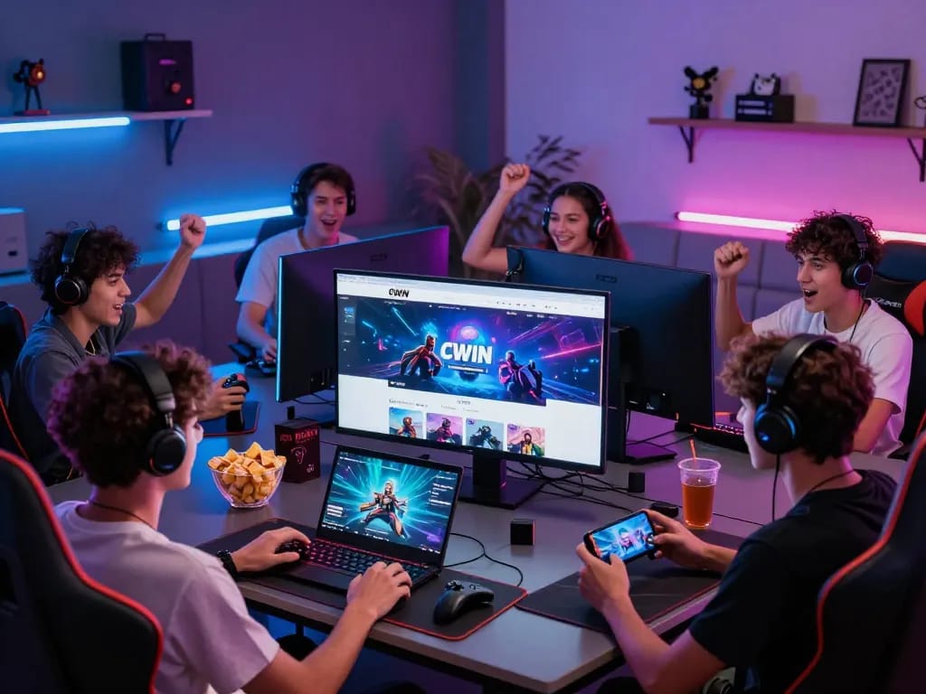 Engaged players in a vibrant gaming room exploring CWIN's online platform, showcasing excitement and social interaction.