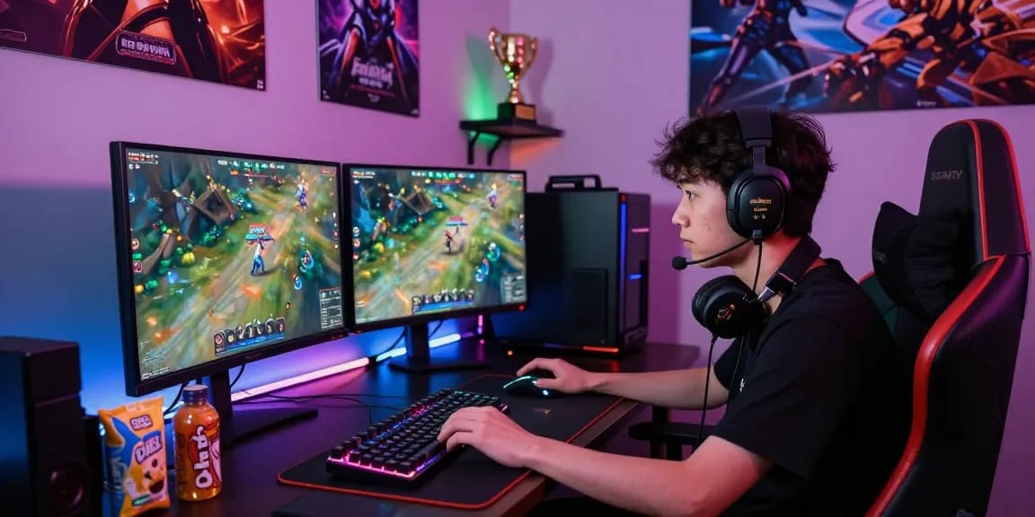 Competitive gaming setup with rokok88 logo, RGB keyboard, and intense player focus.