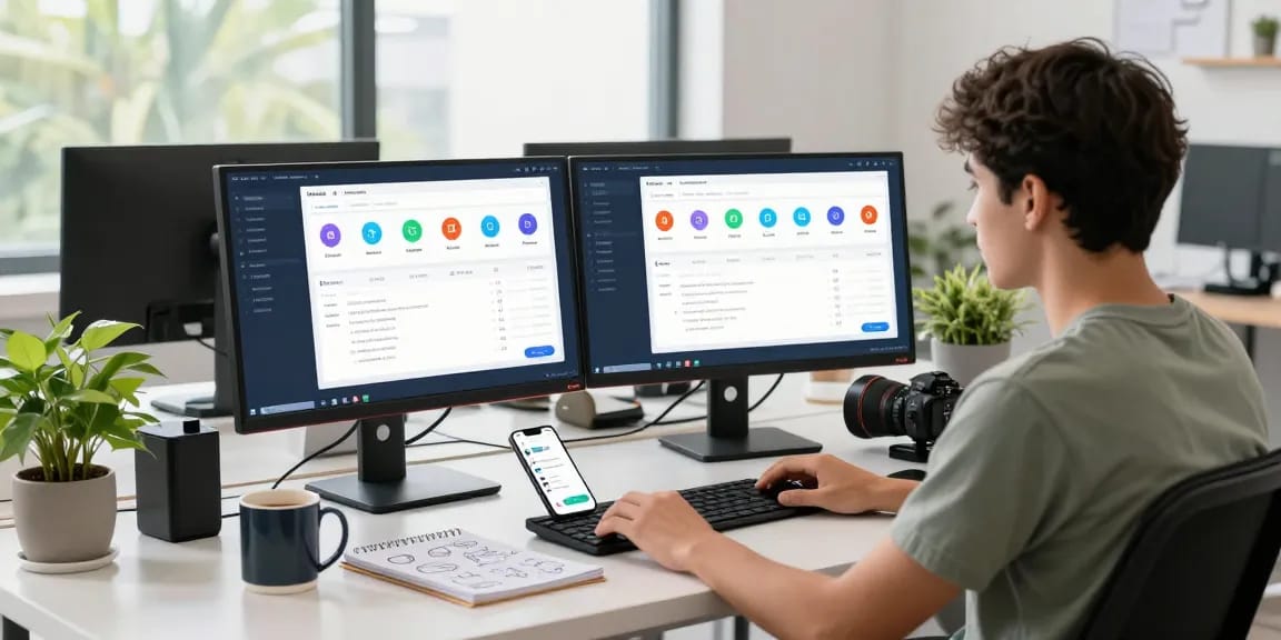 Baixar vídeo sem marca d'água com a interface do aplicativo Muka em ambiente de trabalho moderno.