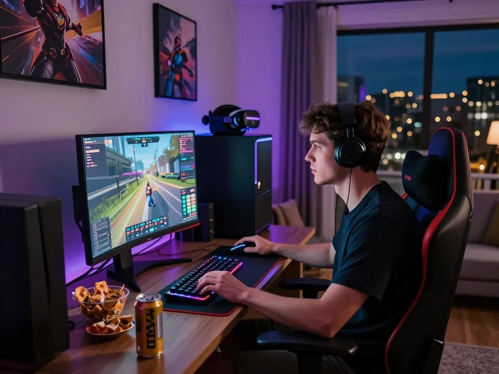 Engaged gamer at home in vibrant gaming lounge focused on man88 gaming interface.