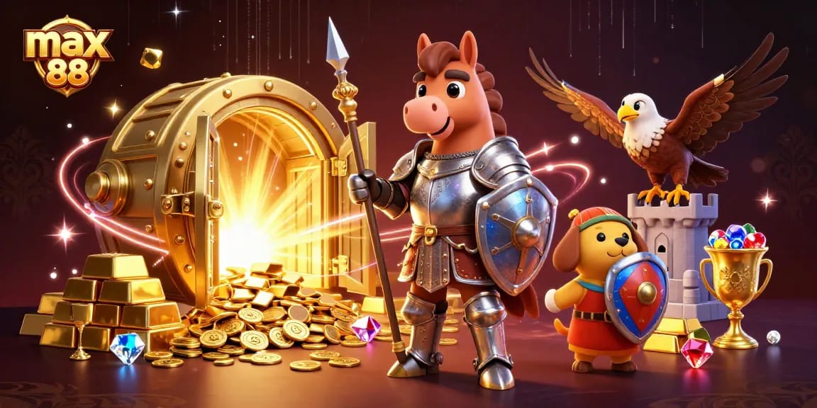 Experience thrilling wins at max 88 with knights and treasures in a vibrant casino scene.