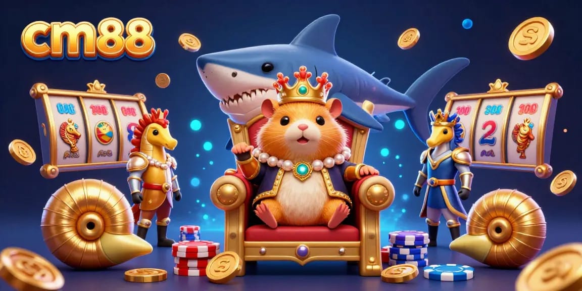 Experience the thrill of cm88 with a vibrant 3D casino scene featuring treasures, gaming elements, and a majestic hamster king.