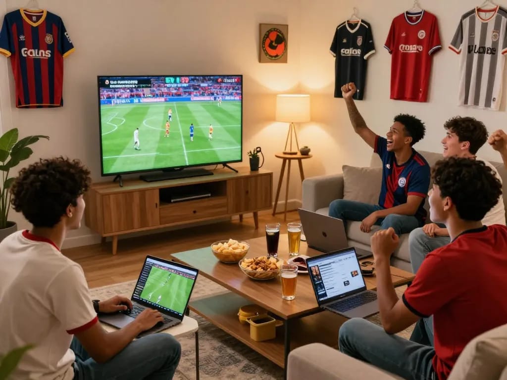 Fans enjoying an exciting live football match on LuongSonTV in a lively and energetic living room setting with snacks and team memorabilia.