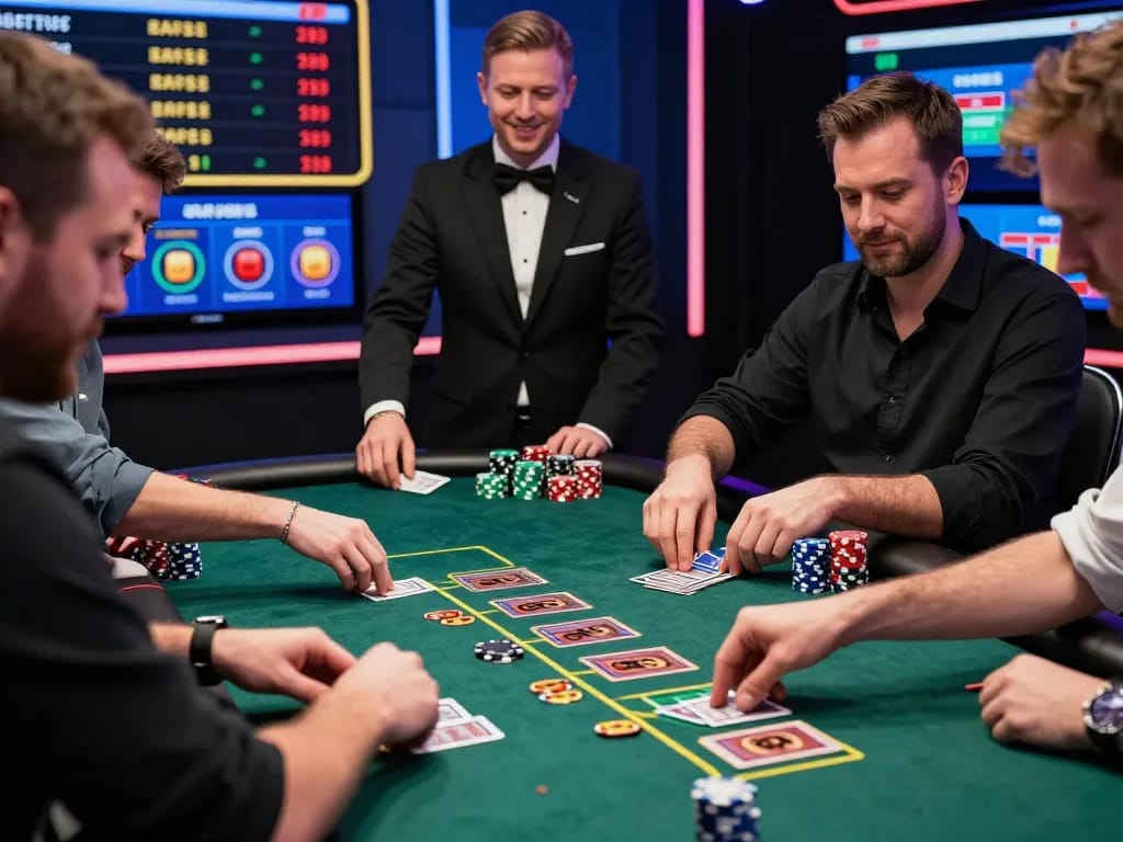 Players betting strategically at nhà cái VIC88's live dealer blackjack table, showcasing excitement and professionalism.