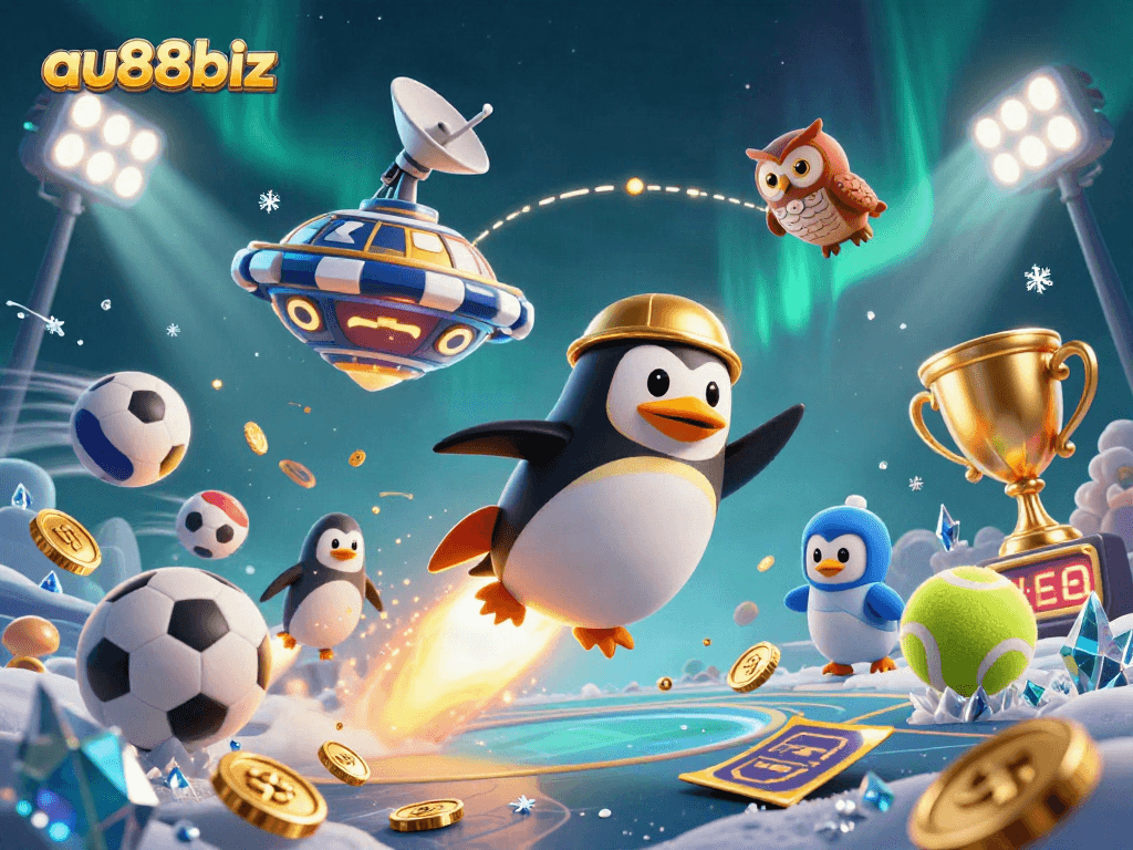 Engage in thrilling gaming with au88biz showcasing a penguin rocket and dynamic sports elements.