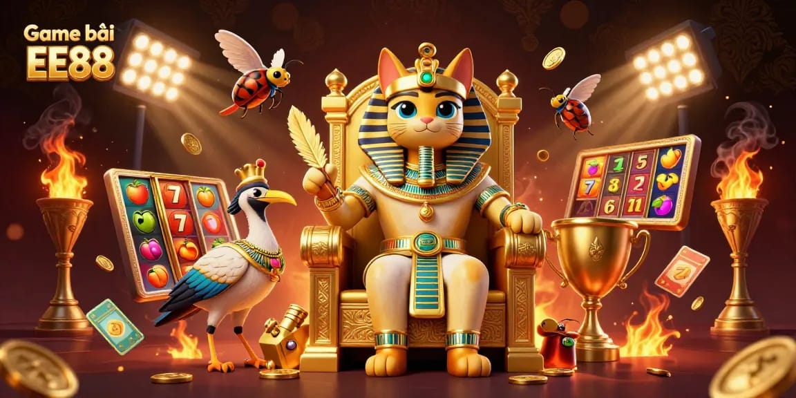 Engage in exciting Game bài EE88 with a vibrant 3D casino scene featuring dynamic slots, characters, and golden treasures.