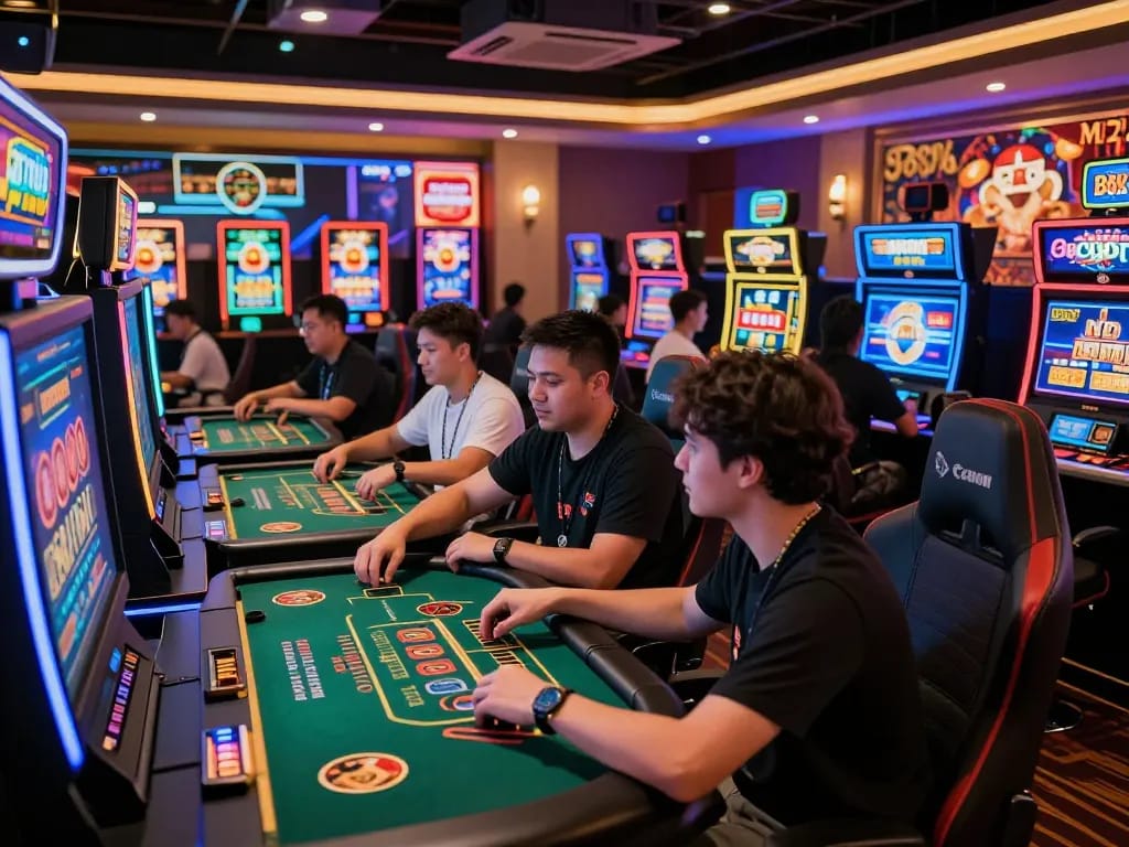 Exciting online gaming atmosphere at 887bet with players engaged in blackjack and slot games.