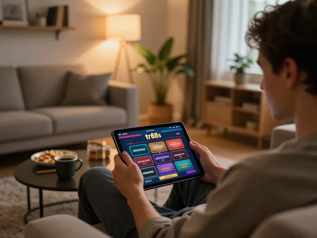 Engaging with tr88s casino interface on a tablet in a cozy living room during a gaming session.