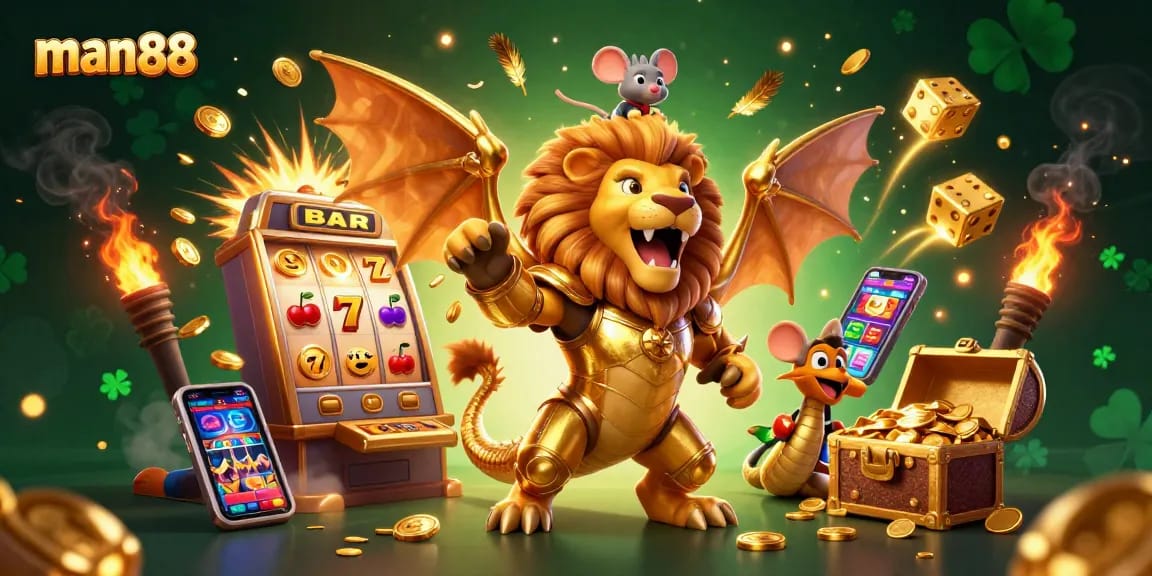 Spin the man88 jackpot with a chimera and mouse jockey amid dazzling casino elements.