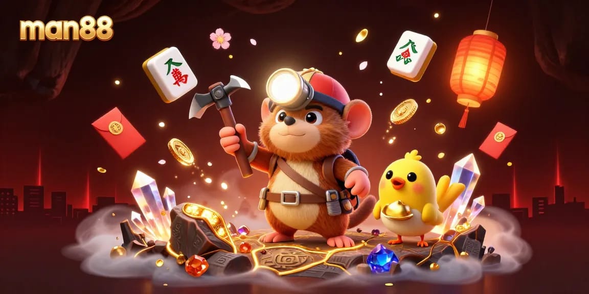 Engage with man88 through a treasure hunting mole discovering rewards amidst a vibrant gaming landscape.