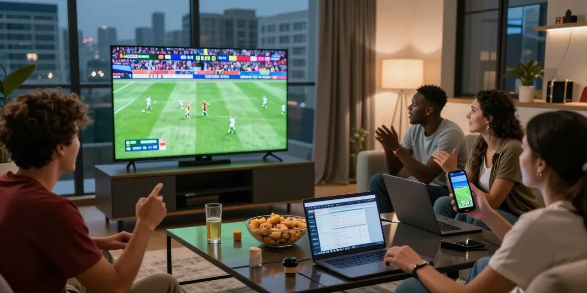Friends watching football live with Multicanais in HD at home