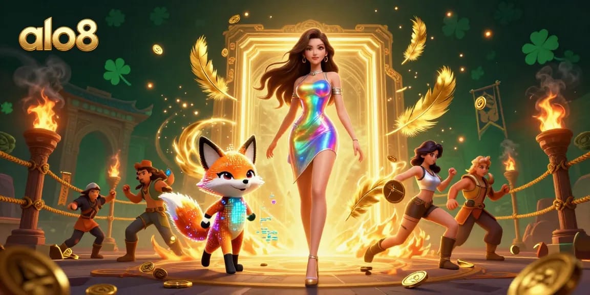 Win big at alo8 with vibrant casino action featuring a glamorous woman and a pixelated fox.
