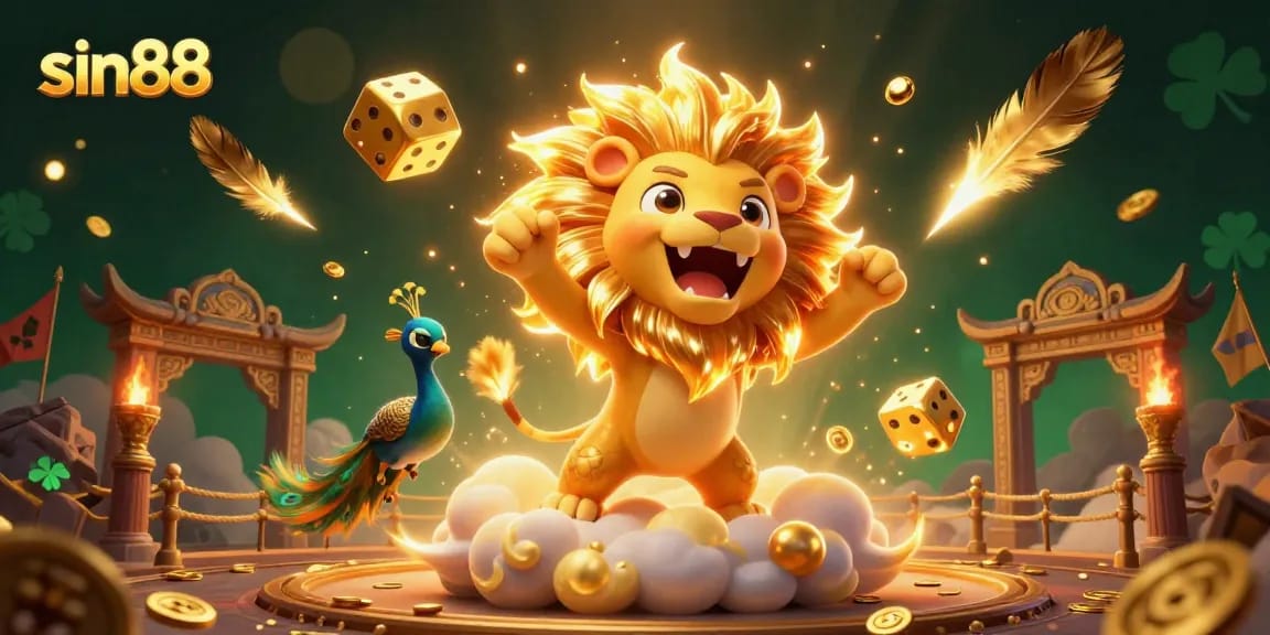 Experience excitement at sin88 with a vibrant 3D scene featuring a roaring sun lion and golden elements.