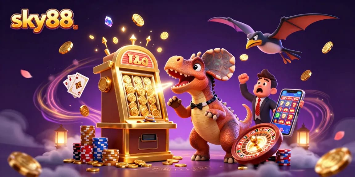 Experience excitement at sky88 with a dinosaur-themed slot machine winning jackpot coins!