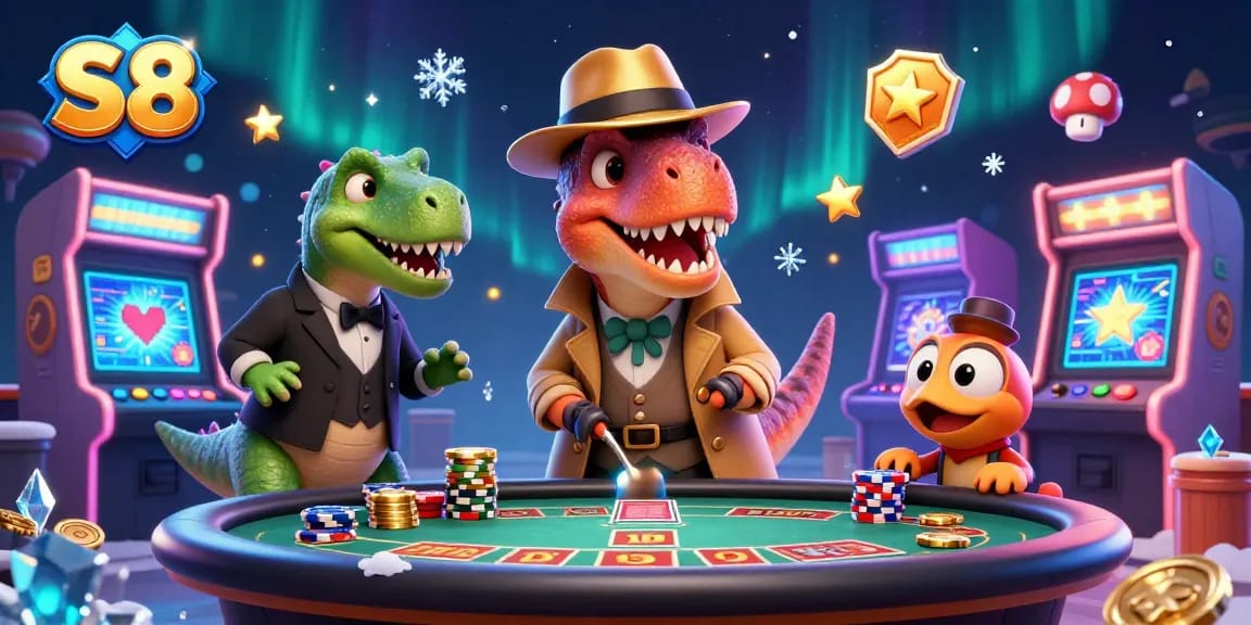 S8 Casino: A sneaky velociraptor at blackjack, chips flipped in a vibrant 3D gaming scene.