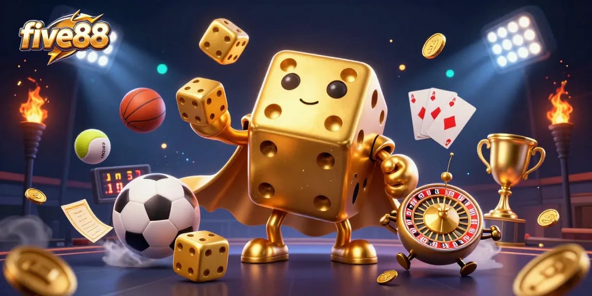 Engage with five88's dynamic casino experience featuring a golden dice golem and sports elements.