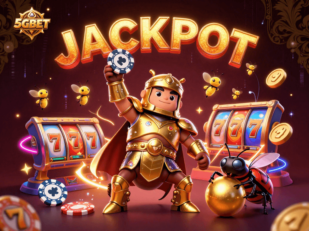 5GBET showcases a winning moment with a heroic beetle celebrating a jackpot in a vibrant casino scene.