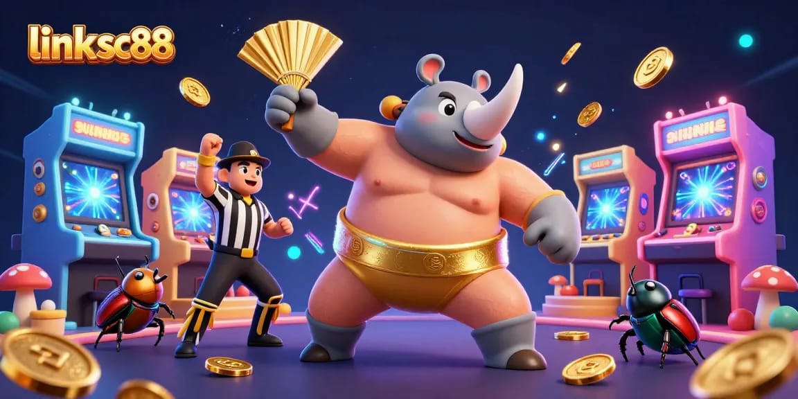 Experience thrilling gameplay with link sc88 as a rhinoceros beetle champion takes center stage surrounded by dynamic casino elements.