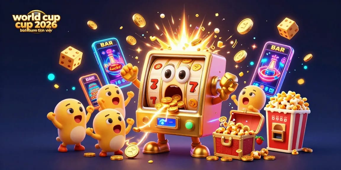 Experience the thrill of the world cup 2026 bình luận tiếng việt in a lively 3D illustration featuring a golden slot machine hitting its jackpot.